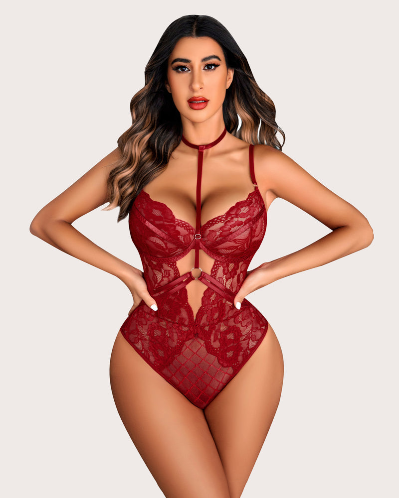 Burgundy floral lace teddy bodysuit with adjustable straps and choker. Sensual lingerie.