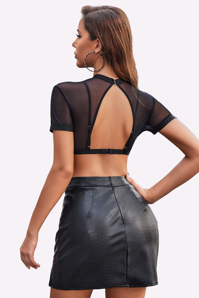 Black sheer short sleeve shirt with bra, open back and adjustable straps
