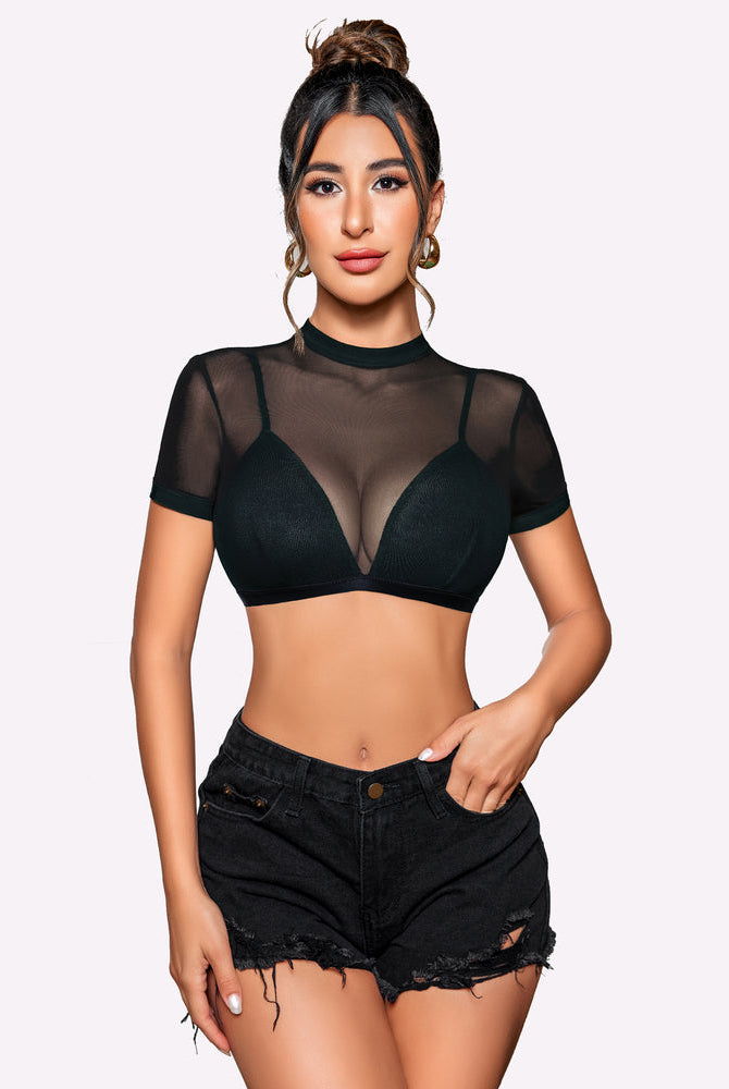 Black sheer short sleeve shirt with bra, mock neck and geometric paneling