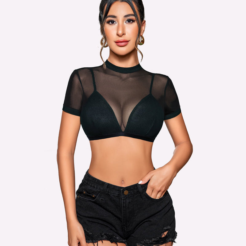Black sheer short sleeve shirt with bra, mock neck and geometric paneling