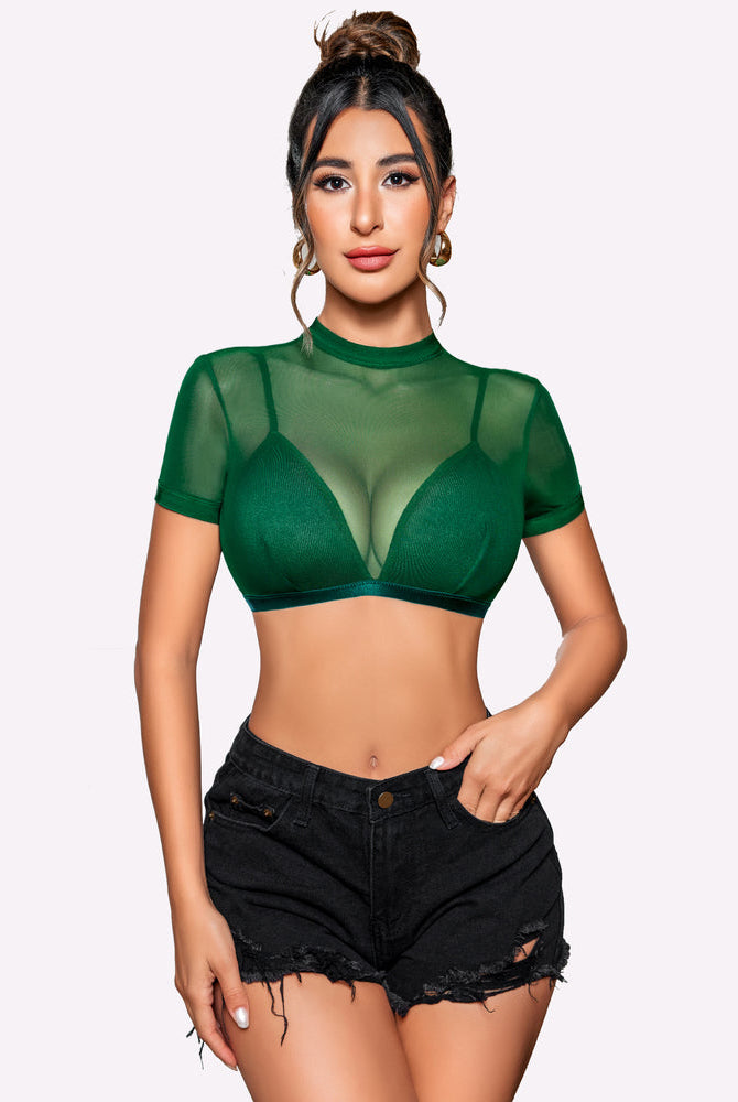 Green see-through short-sleeve shirt with bra, mesh neckline