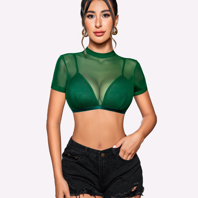 Green see-through short-sleeve shirt with bra, mesh neckline