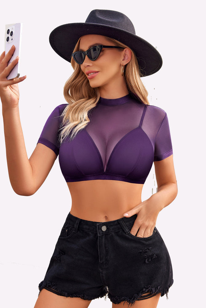 Purple see-through short-sleeve shirt with bra, mesh front