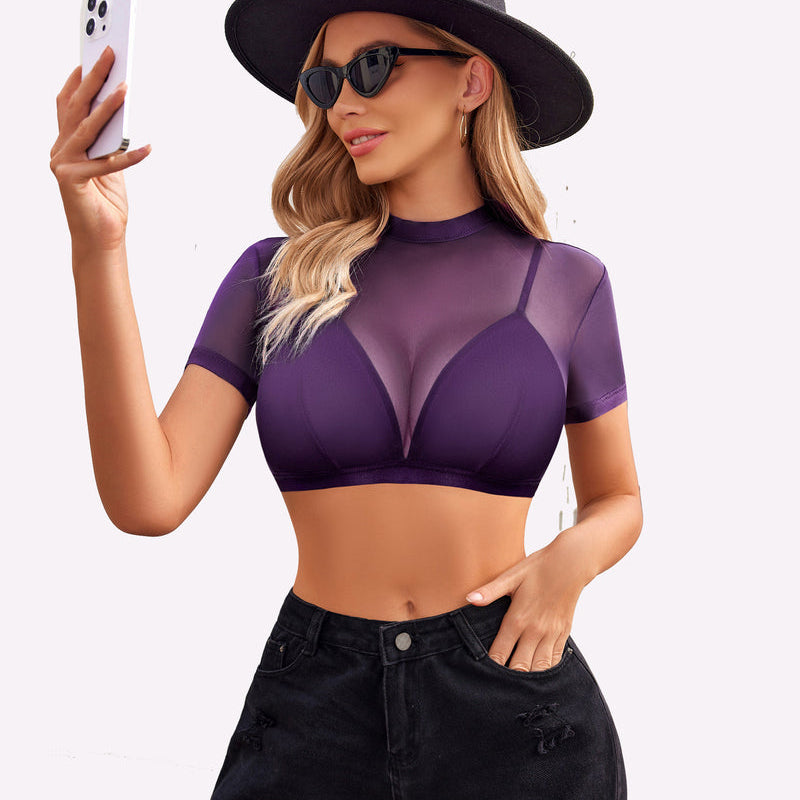 Purple see-through short-sleeve shirt with bra, mesh front