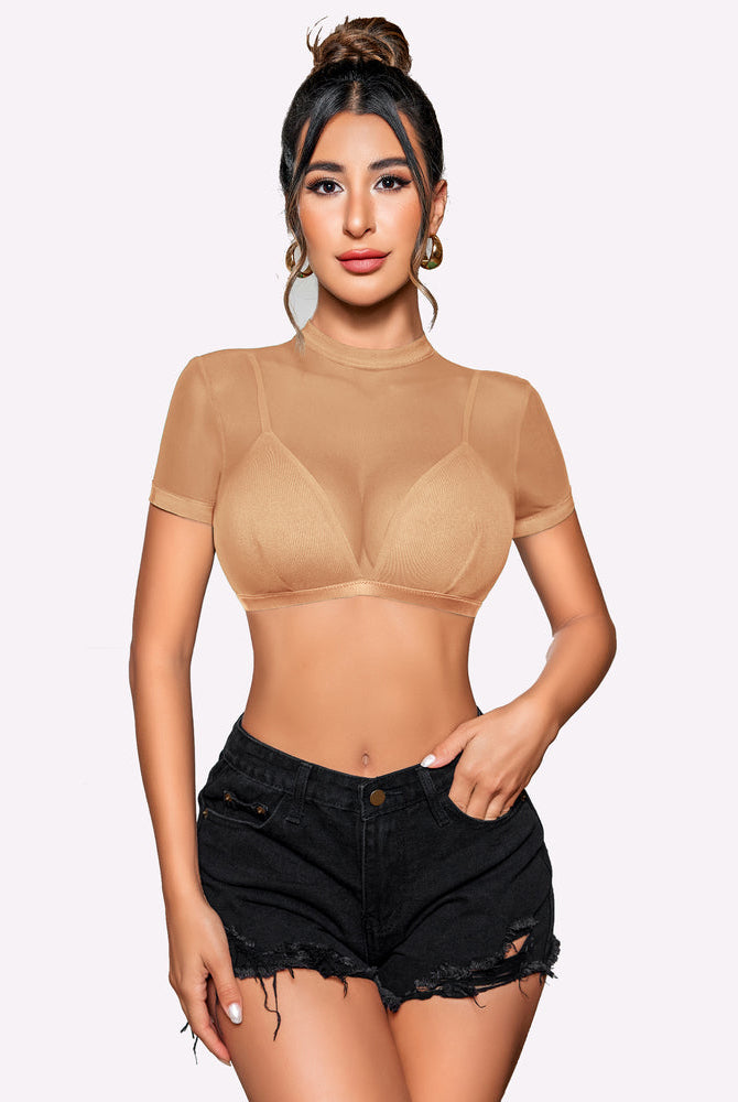 Tan see-through short-sleeve shirt with bra, sheer neckline