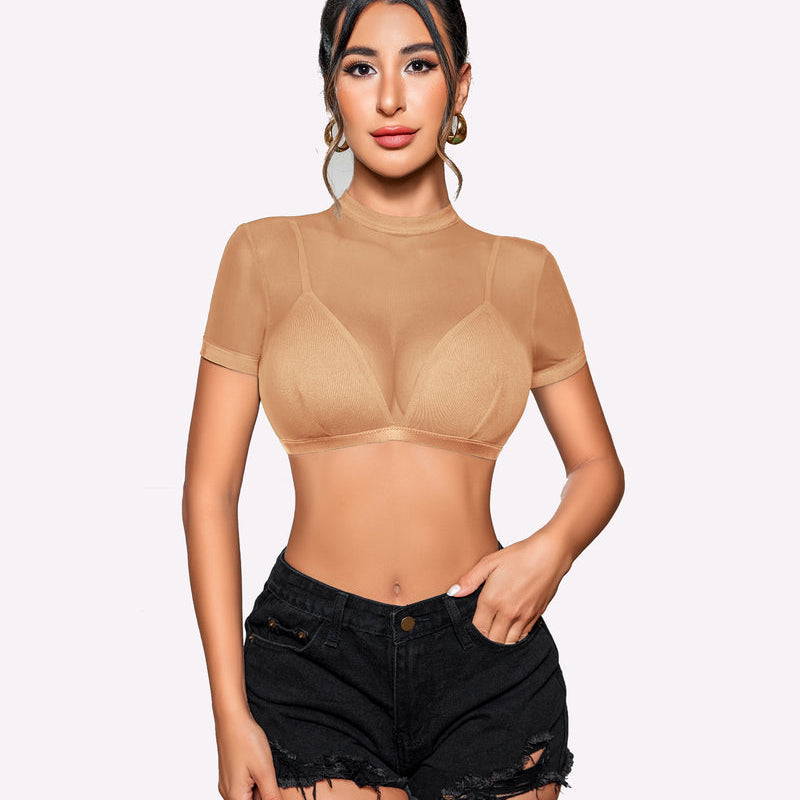 Tan see-through short-sleeve shirt with bra, sheer neckline