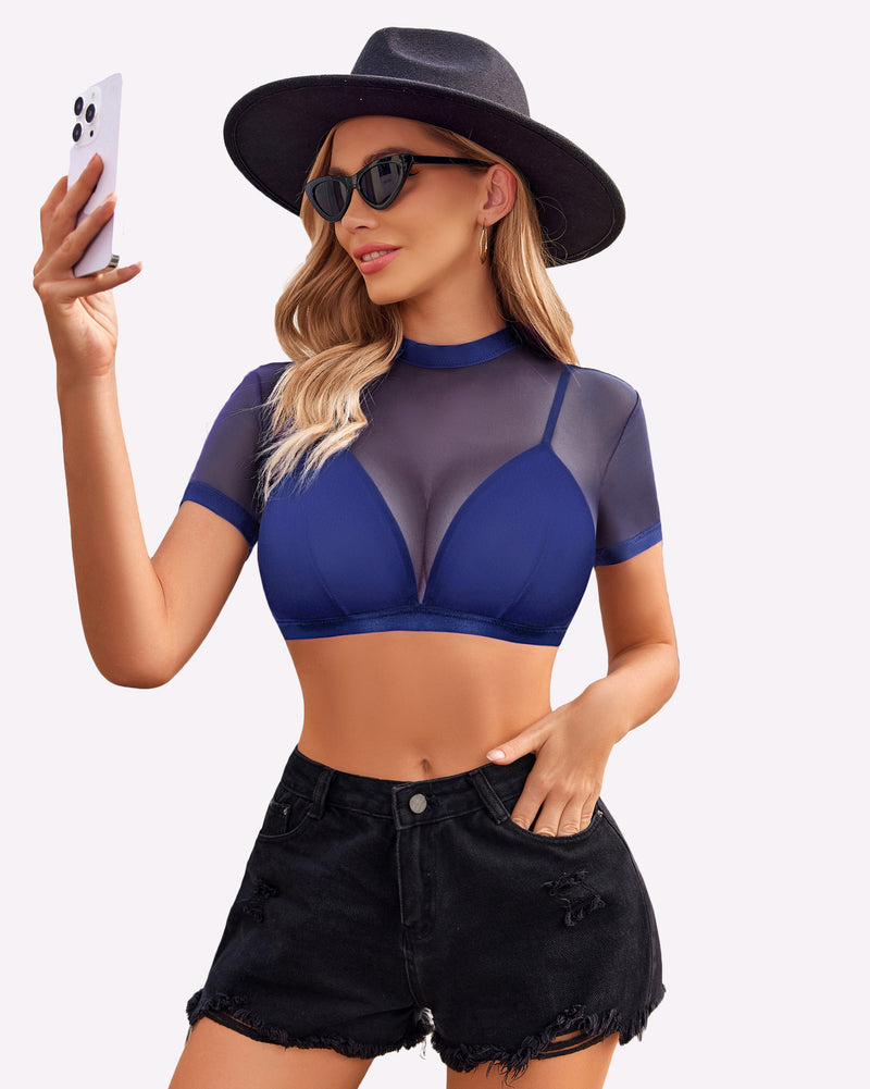 Blue mesh crop top with bra and black denim shorts, Avidlove style, fashionable and sexy.