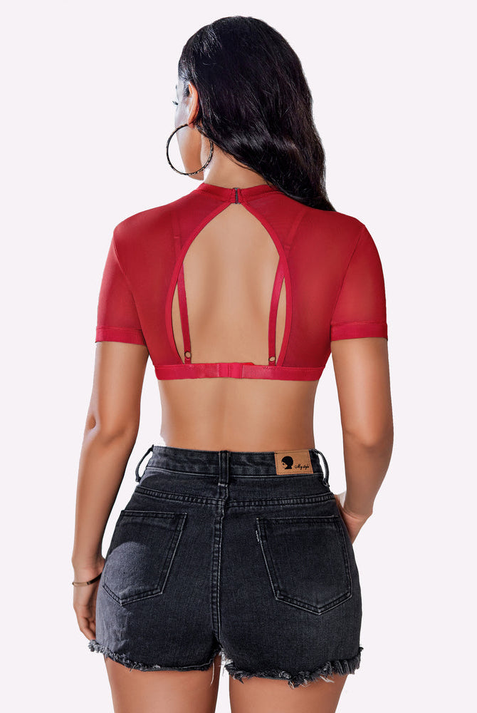 Red see-through short-sleeve shirt with bra, back open with vertical straps