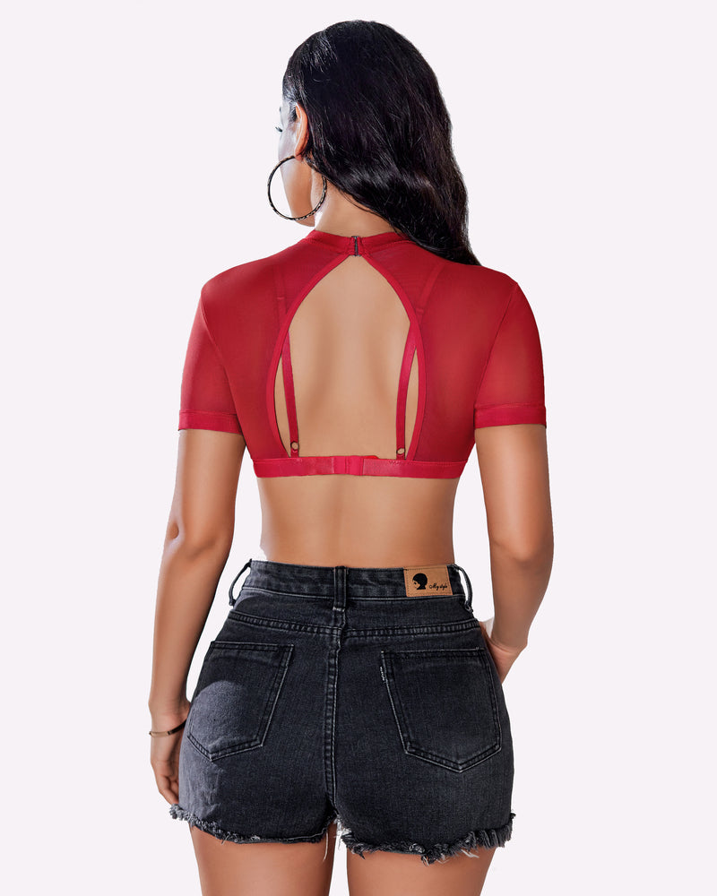 Red see-through mesh crop top with bra and black denim shorts, fashionable Avidlove style