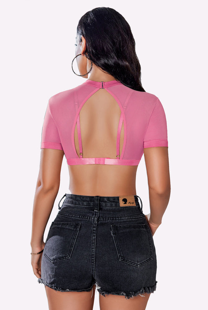 Sheer short-sleeve bra top, pink with open-back straps and mesh paneling