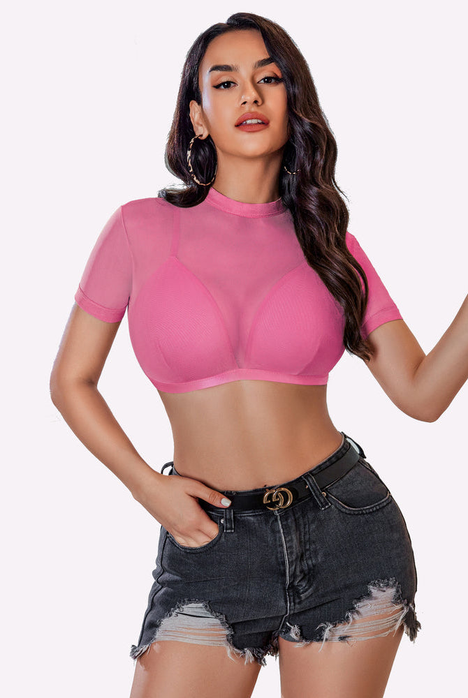 Sheer short-sleeve bra top, pink with deep V neckline and mesh cup panels
