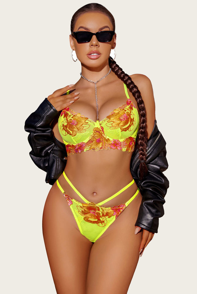 Floral embroidery underwire lingerie set in neon yellow with strappy details