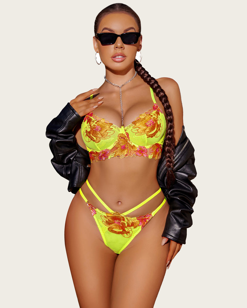 Floral embroidery underwire lingerie set in neon yellow with strappy details
