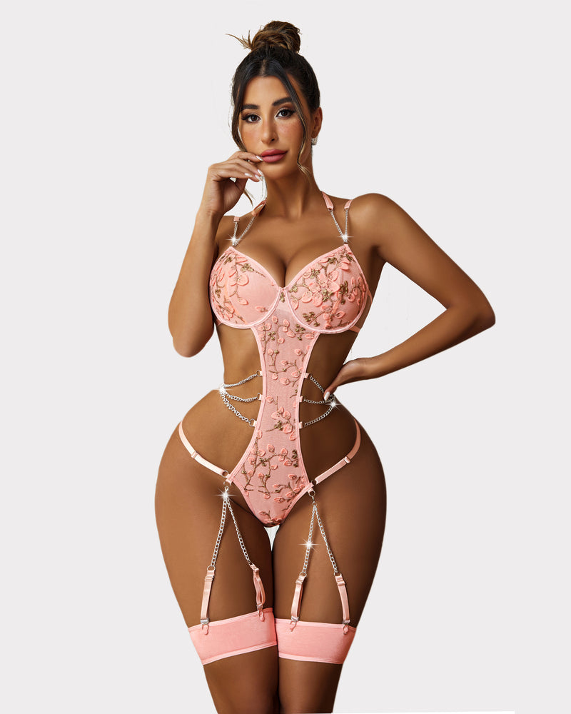 Pink floral embroidered bodysuit lingerie with chain details and garter straps; a sexy, push-up look