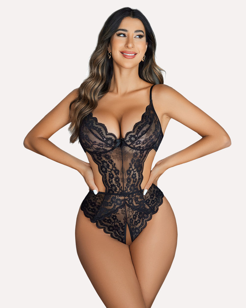 Black lace V-neck cut-out one-piece bodysuit, sexy lingerie for women, crotchless design.