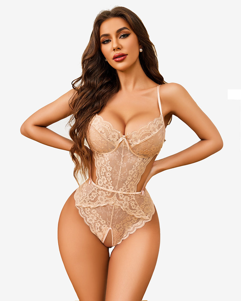 Avidlove beige lace bodysuit with deep V-neck, cutout, crotchless design for confidence.