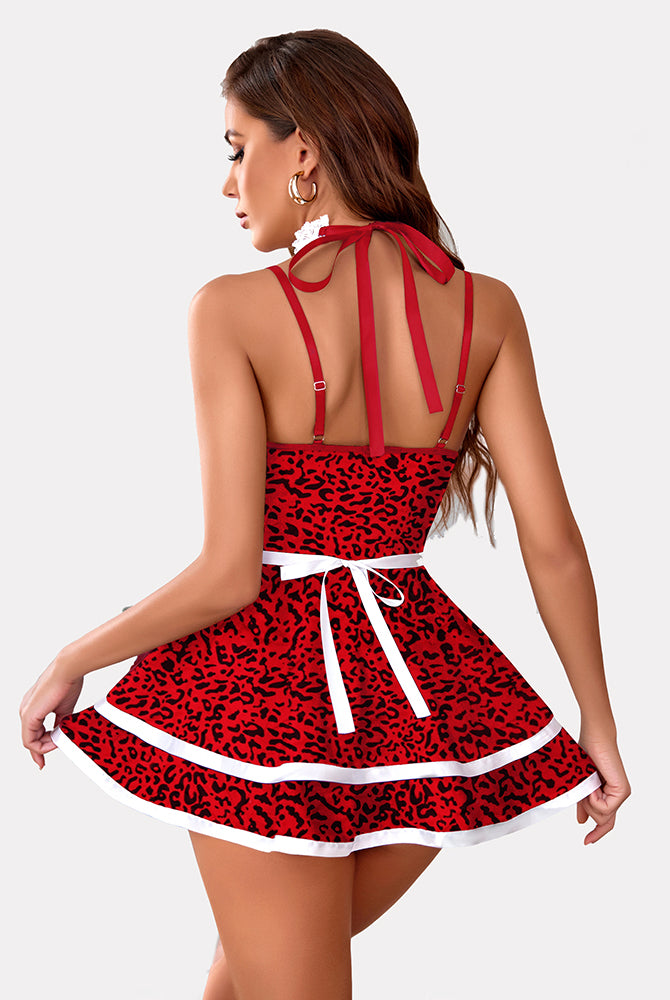 Avidlove Leopard Print Maid Babydoll Dress with Apron - Sexy Lingerie Set