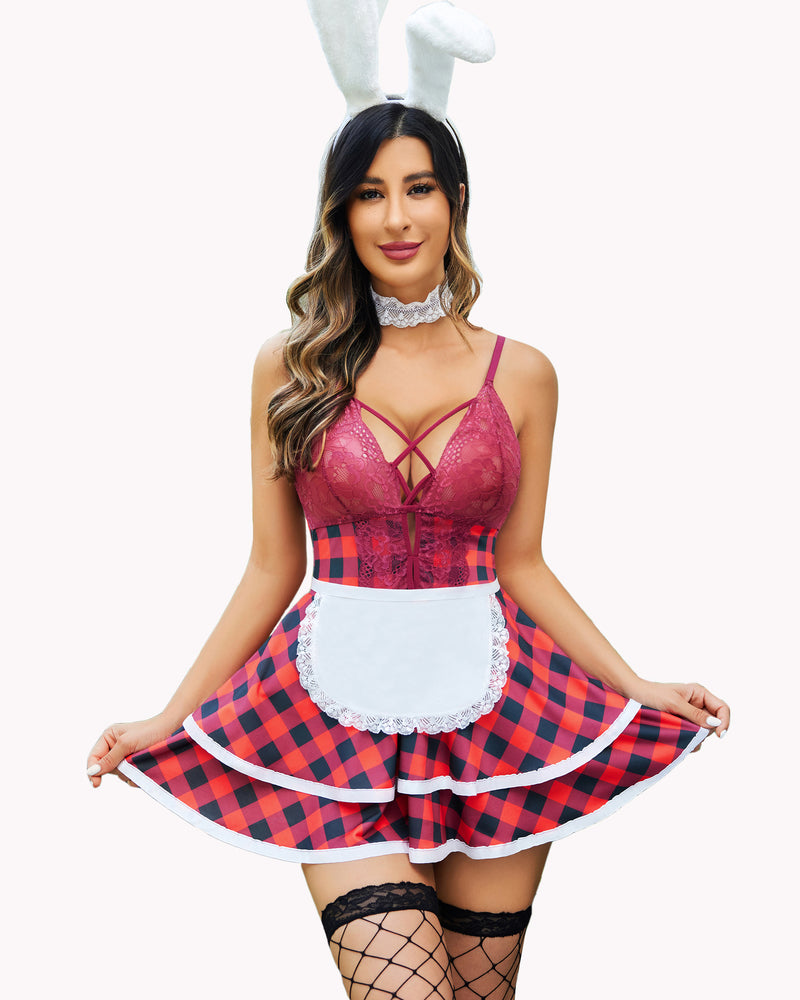 Avidlove maid babydoll dress with red plaid, bunny ears, lace bodice, sexy lingerie
