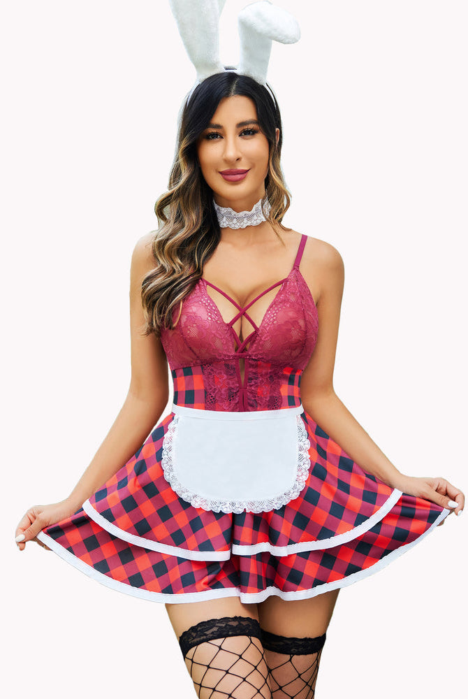Plaid Maid Babydoll Lingerie Costume with bunny ears, red plaid skirt, and lace details