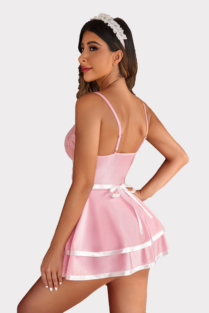 Avidlove pink maid babydoll lingerie costume with white apron, lace bodice, and tiered skirt.