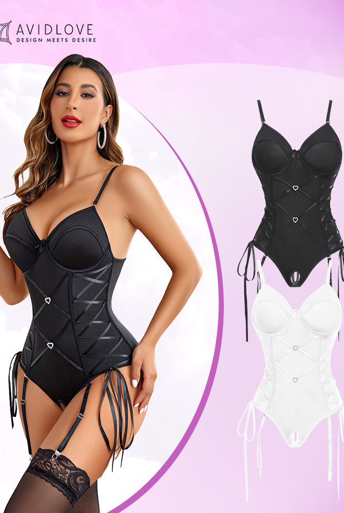 Avidlove Corset Teddy Set in black. Adjustable straps and garter belt. Romantic lingerie.