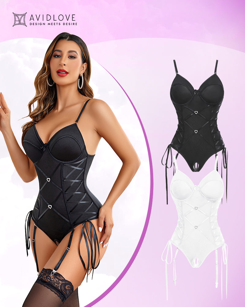 Avidlove Corset Teddy Set in black. Adjustable straps and garter belt. Romantic lingerie.