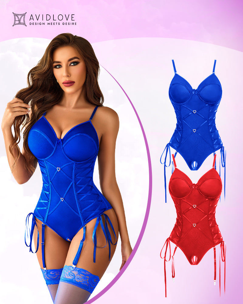 Avidlove Blue Corset Teddy Set with Adjustable Straps, and a Red Version