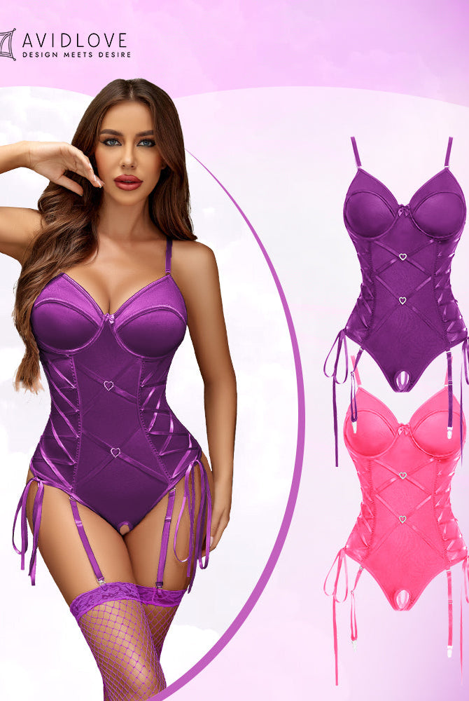 Avidlove Corset Teddy Set in purple. Adjustable straps and garter belt. Romantic lingerie.