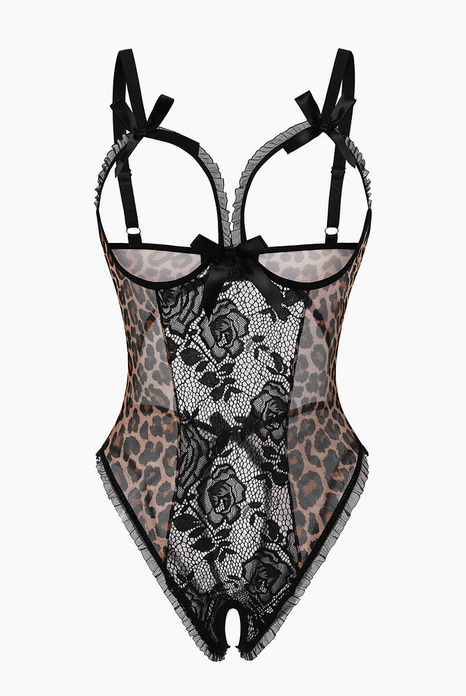 Avidlove leopard lace mini bodysuit with cutout bra, ruffle trim, and crotchless. Sexy lingerie.