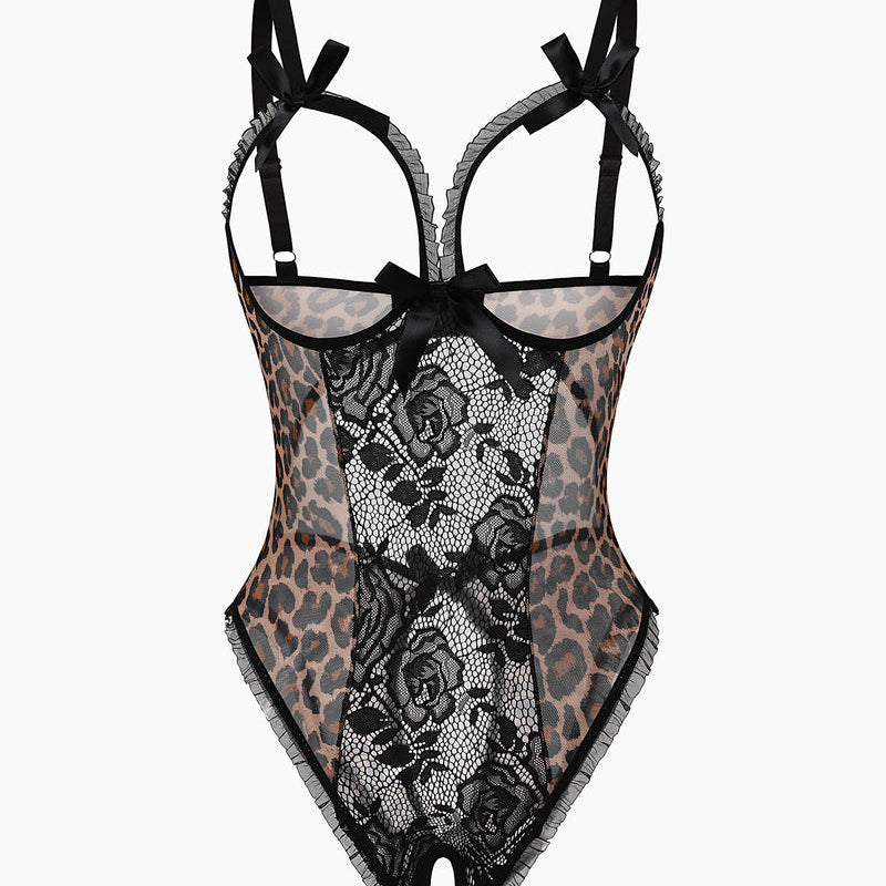 Leopard print cutout mini bodysuit with lace details, adjustable straps and crotchless design