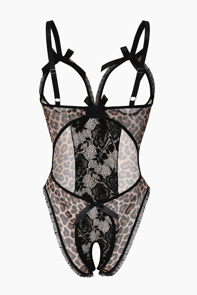 Leopard print lace mini bodysuit with cutout design and adjustable straps, crotchless style.
