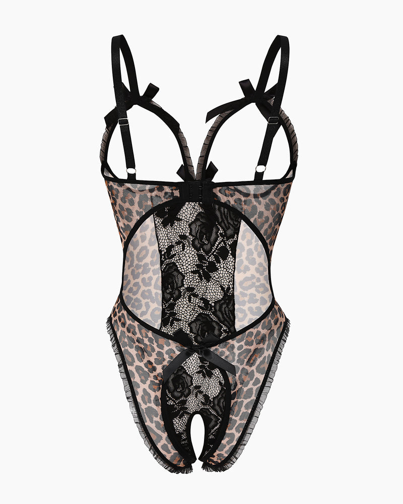 Leopard print lace mini bodysuit with cutout back, adjustable straps, and crotchless design