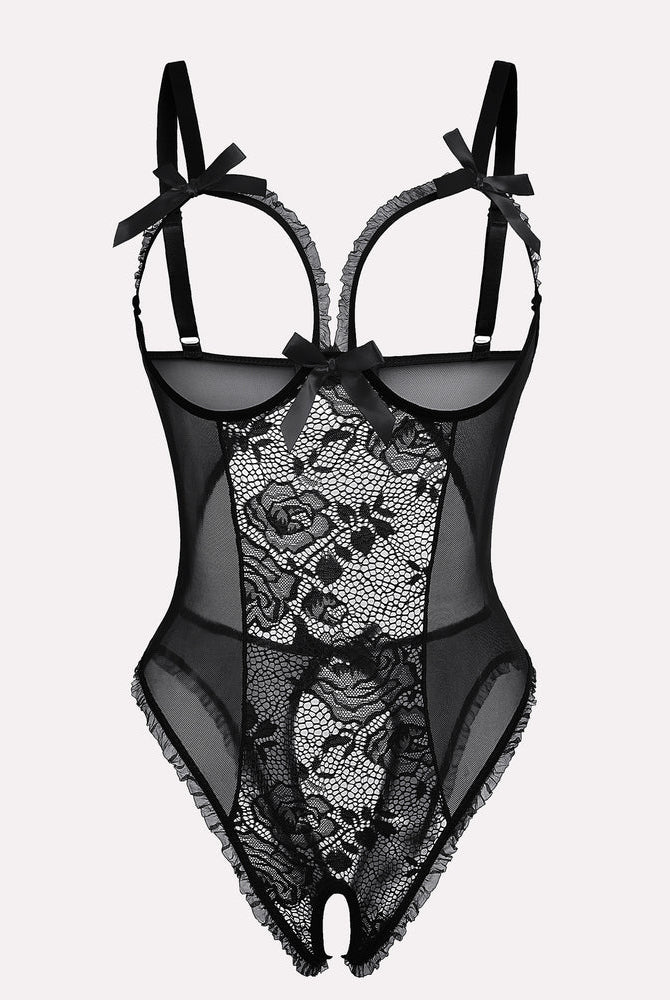 Black crotchless lace mini bodysuit with floral lace, cutout bra and ruffle trim. Sexy lingerie.