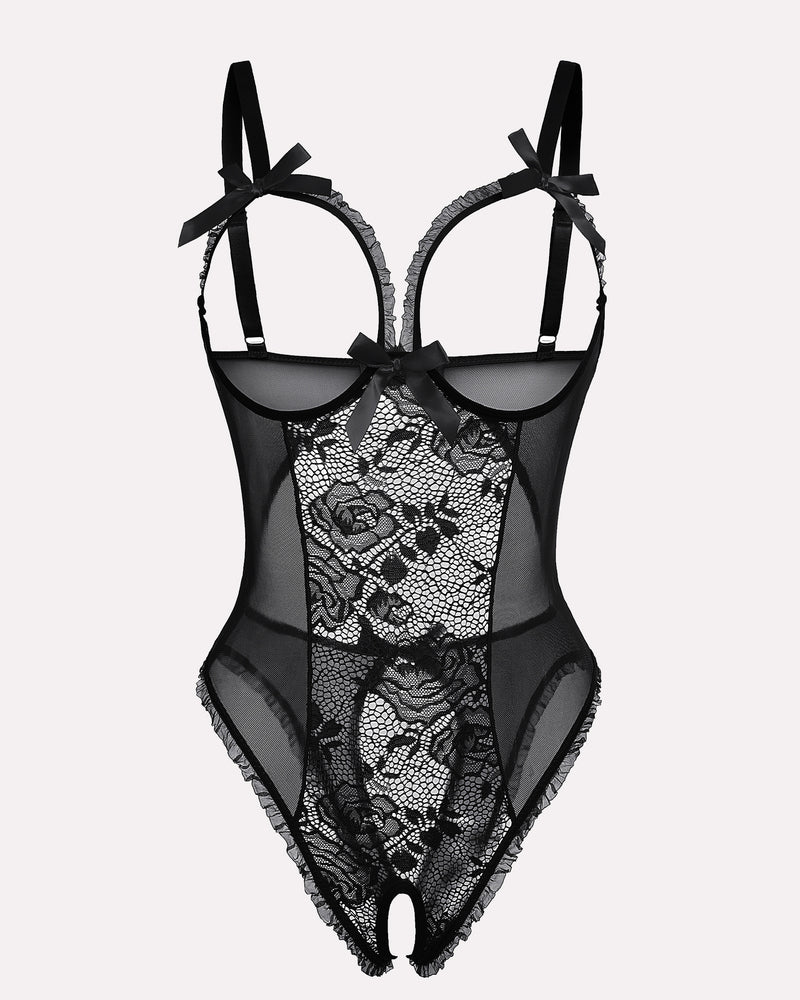 Black floral lace mini bodysuit with adjustable straps, cutout back and crotchless design