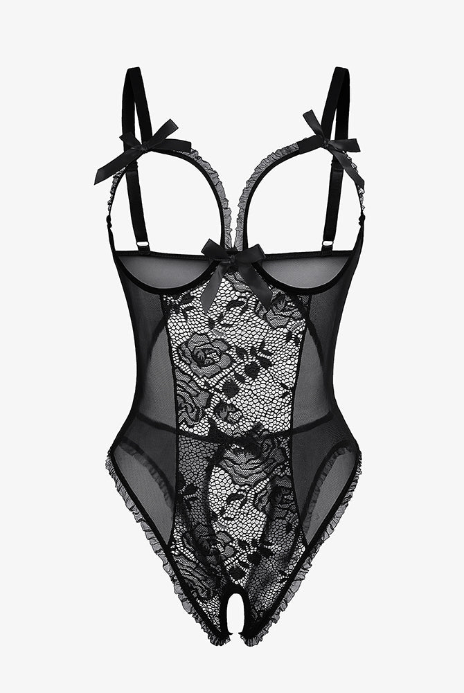 Avidlove black lace mini bodysuit, cutout bra, ruffle trim, crotchless design. Sexy lingerie.