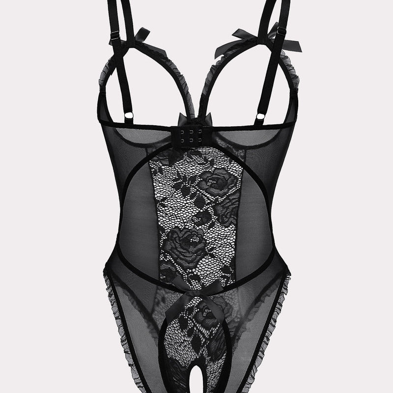 Black floral lace mini bodysuit with cutout back, crotchless, adjustable straps, and bow details