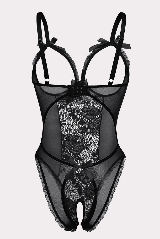 Black lace mini bodysuit with floral lace and cutout design, adjustable straps, crotchless style.