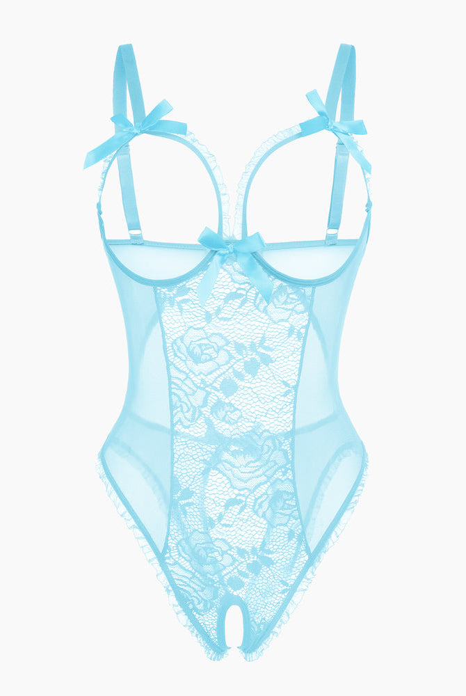 Avidlove light blue lace mini bodysuit, cutout bra, ruffle trim, crotchless design. Sexy lingerie.