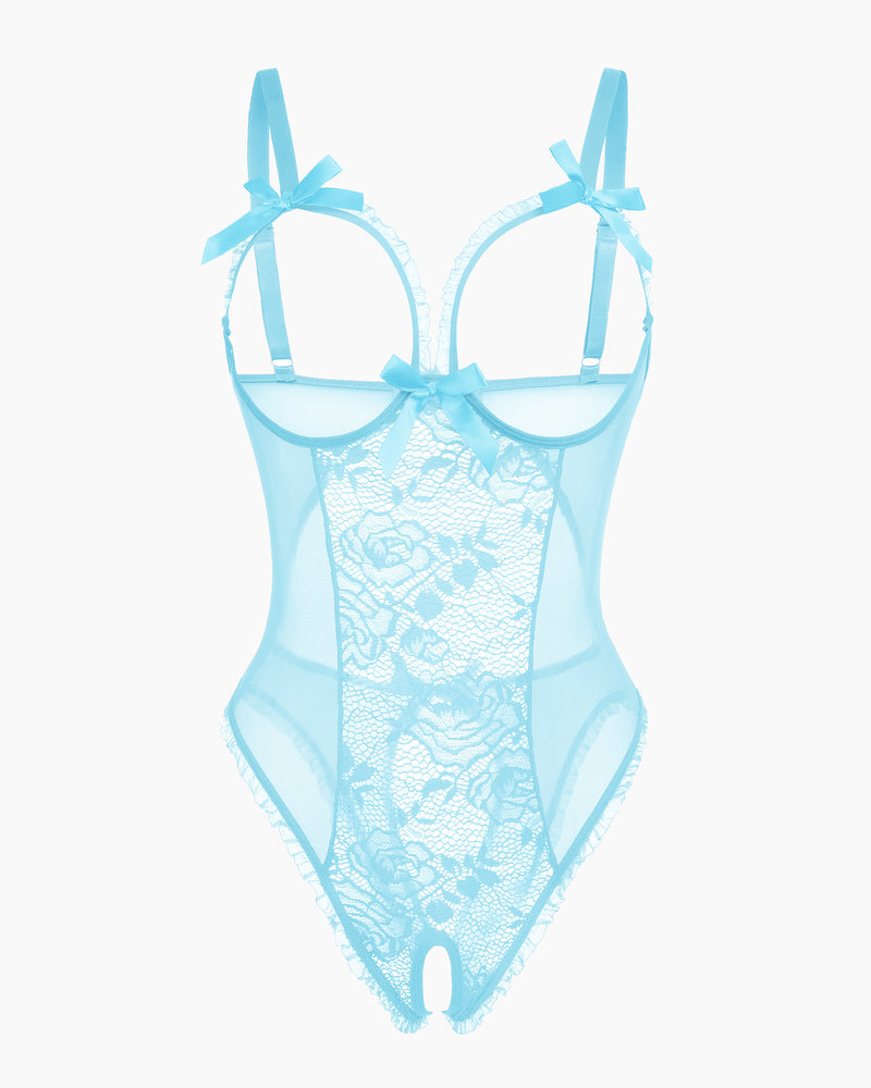 Avidlove light blue lace mini bodysuit, cutout bra, ruffle trim, crotchless design. Sexy lingerie.