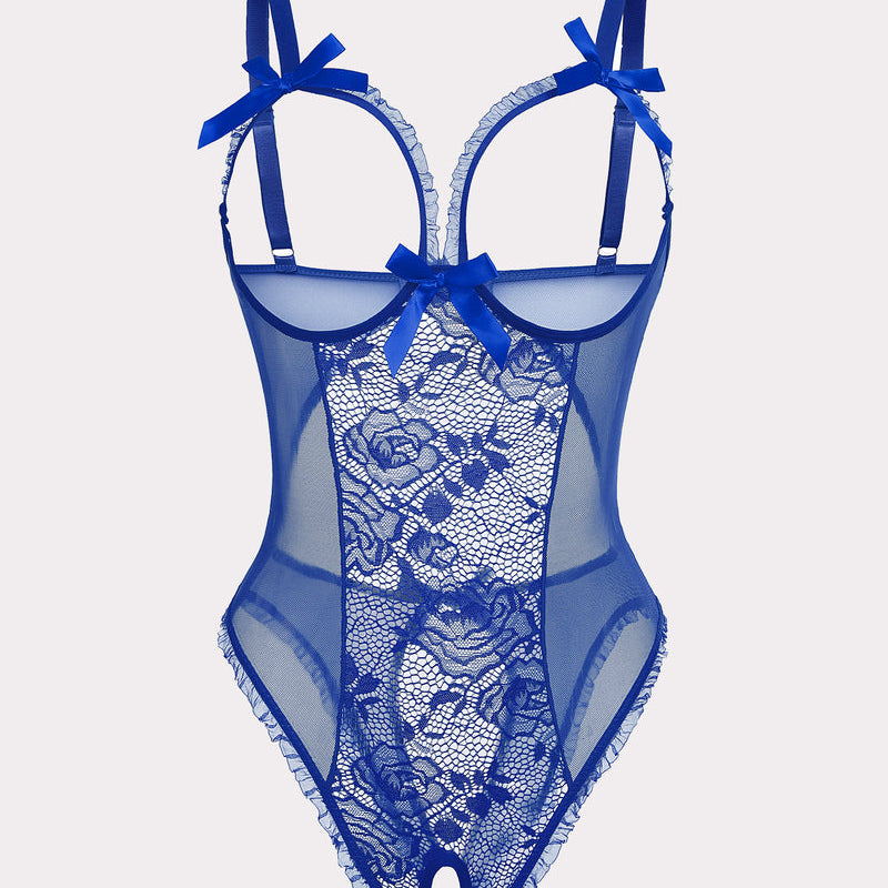 Blue floral lace crotchless mini bodysuit with cutout bra, ruffle trim, and adjustable straps.