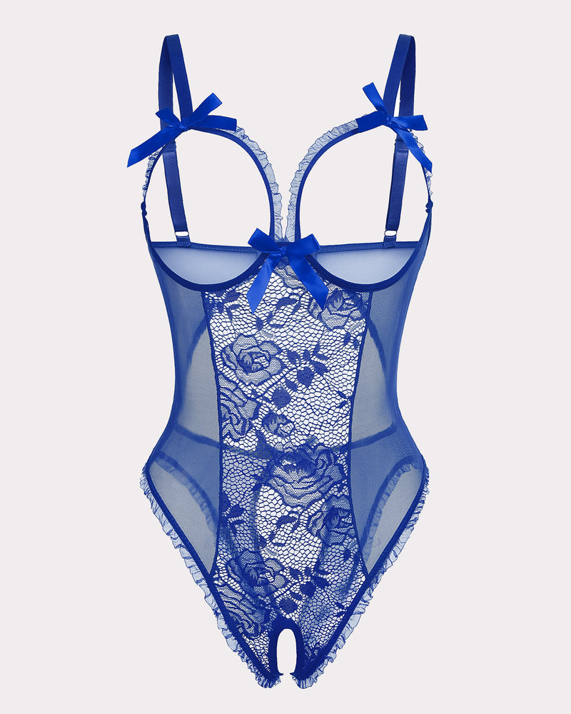Blue floral lace crotchless mini bodysuit with cutout bra, ruffle trim, and adjustable straps.