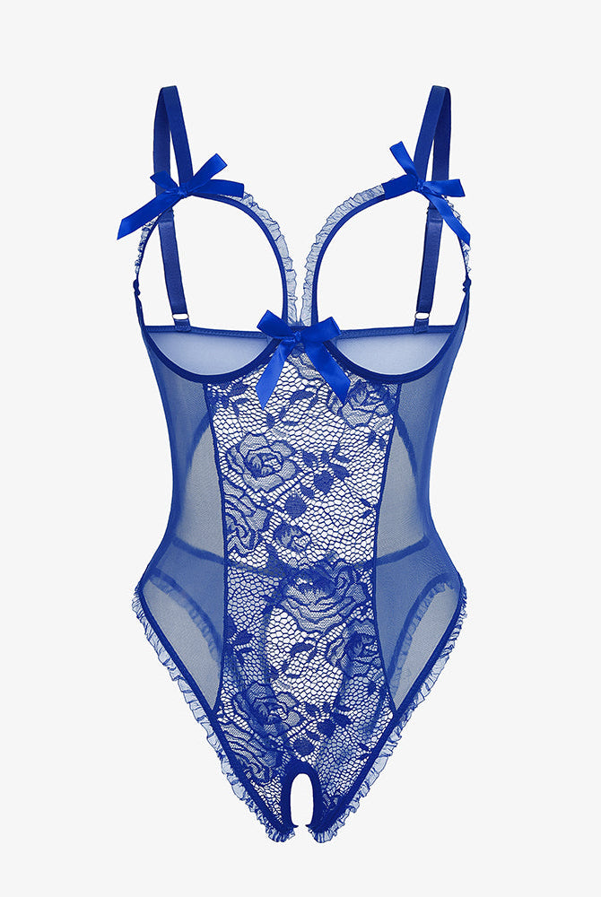 Blue lace mini bodysuit with cutout bra, ruffle trim, and bow decor. Sexy lingerie.