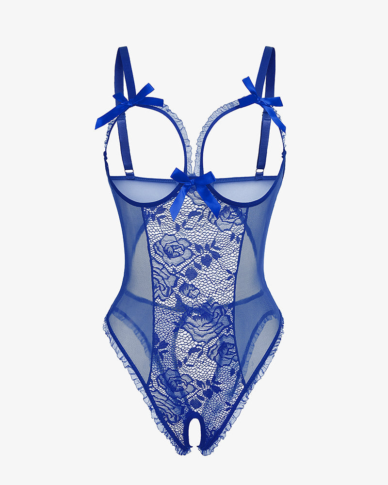 Blue lace mini bodysuit with cutout bra, ruffle trim, and bow decor. Sexy lingerie.
