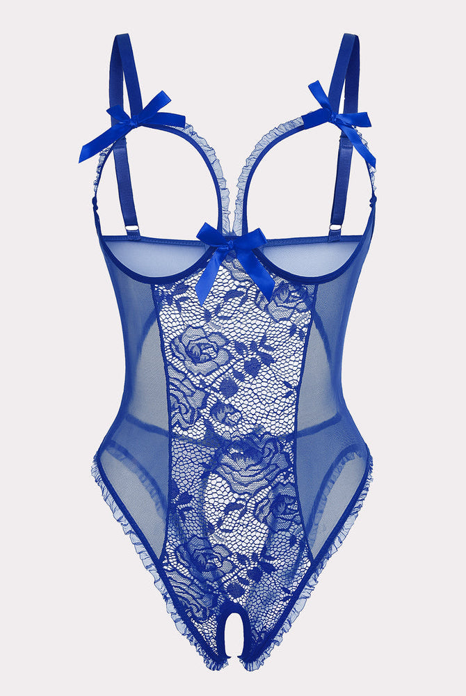 Blue floral lace mini bodysuit with adjustable straps, cutout back, and crotchless design.