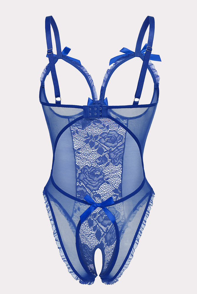 Blue floral lace mini bodysuit. Cutout back, adjustable straps, crotchless design. Sexy lingerie.