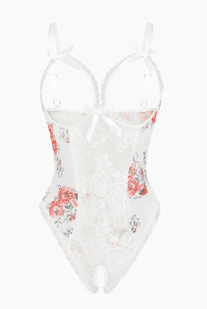 Floral Print Lace Mini Bodysuit, white with red floral, adjustable straps, crotchless