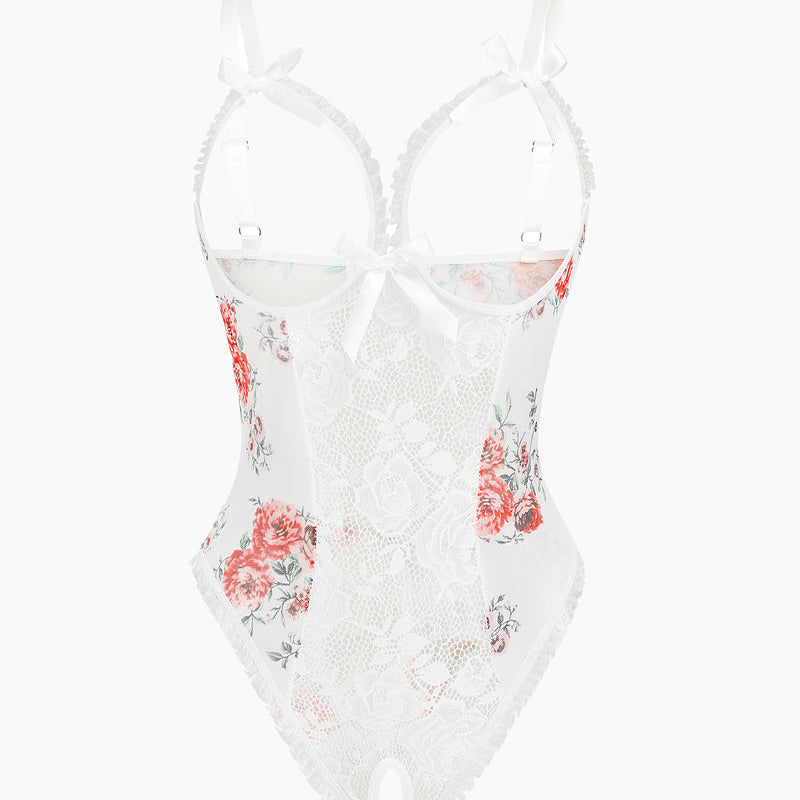 Floral Print Lace Mini Bodysuit, white with red floral, adjustable straps, crotchless