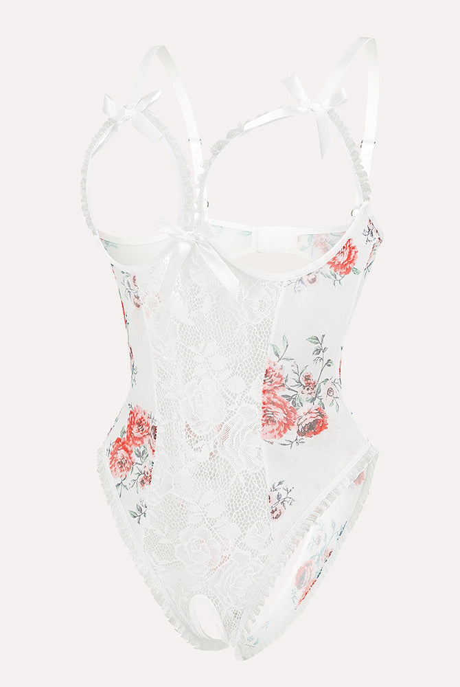 White floral lace mini bodysuit, featuring cutout back, crotchless design, with adjustable straps