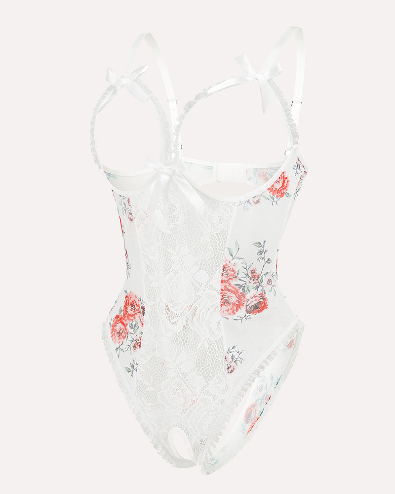 White floral lace mini bodysuit, featuring cutout back, crotchless design, with adjustable straps