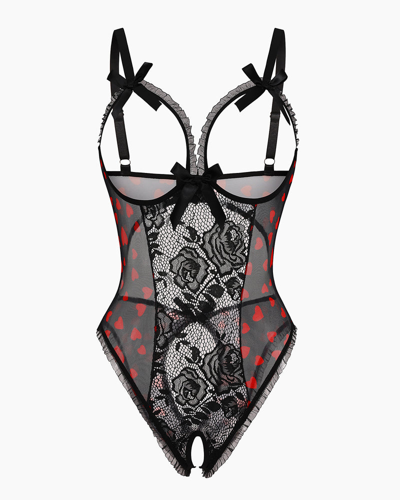 Avidlove black lace mini bodysuit with cutout bra, ruffle trim, crotchless. Sexy lingerie for women.